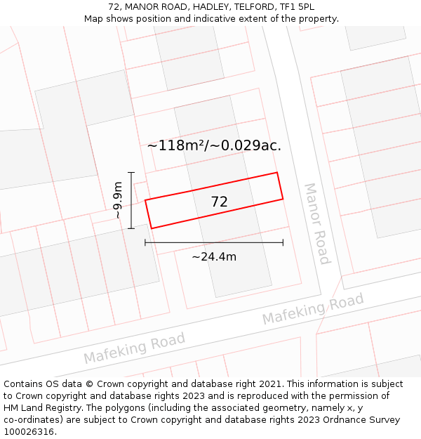 72, MANOR ROAD, HADLEY, TELFORD, TF1 5PL: Plot and title map