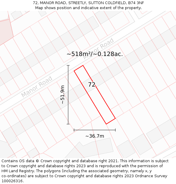72, MANOR ROAD, STREETLY, SUTTON COLDFIELD, B74 3NF: Plot and title map