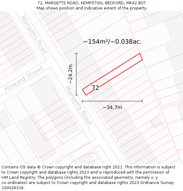72, MARGETTS ROAD, KEMPSTON, BEDFORD, MK42 8DT: Plot and title map