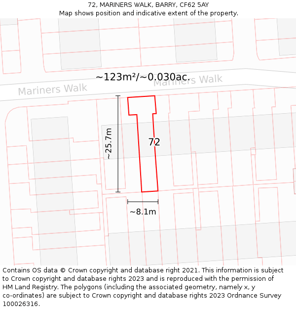 72, MARINERS WALK, BARRY, CF62 5AY: Plot and title map