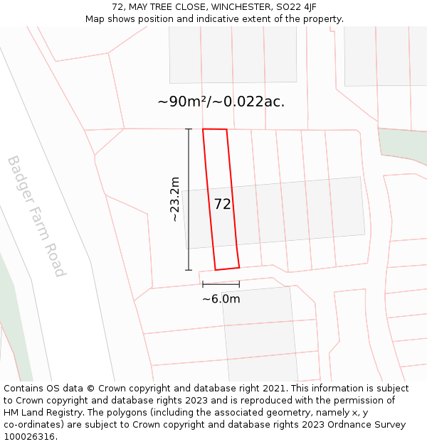 72, MAY TREE CLOSE, WINCHESTER, SO22 4JF: Plot and title map