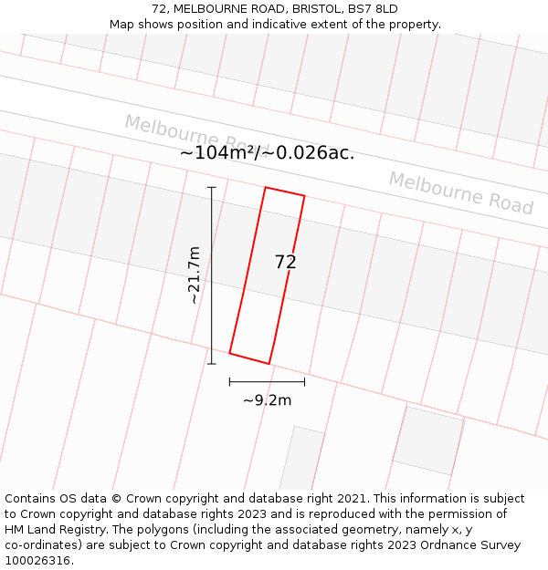 72, MELBOURNE ROAD, BRISTOL, BS7 8LD: Plot and title map