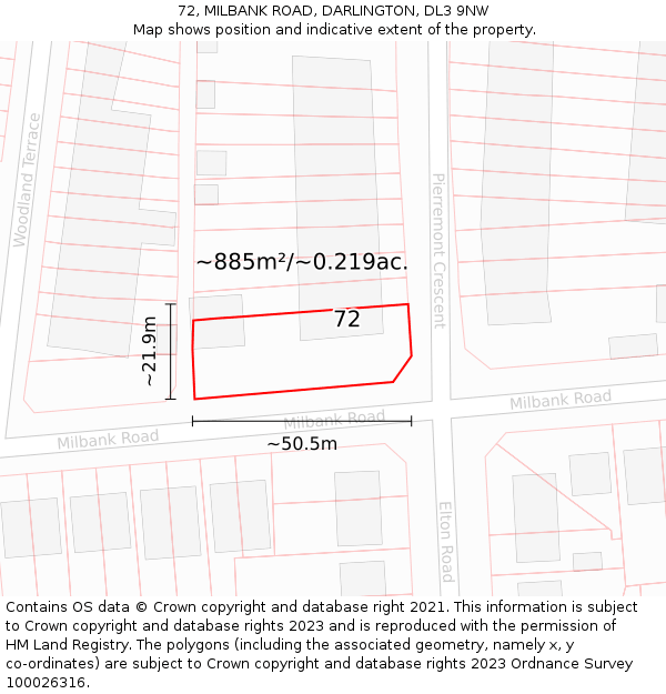72, MILBANK ROAD, DARLINGTON, DL3 9NW: Plot and title map
