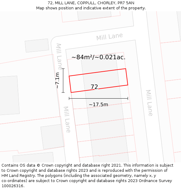 72, MILL LANE, COPPULL, CHORLEY, PR7 5AN: Plot and title map