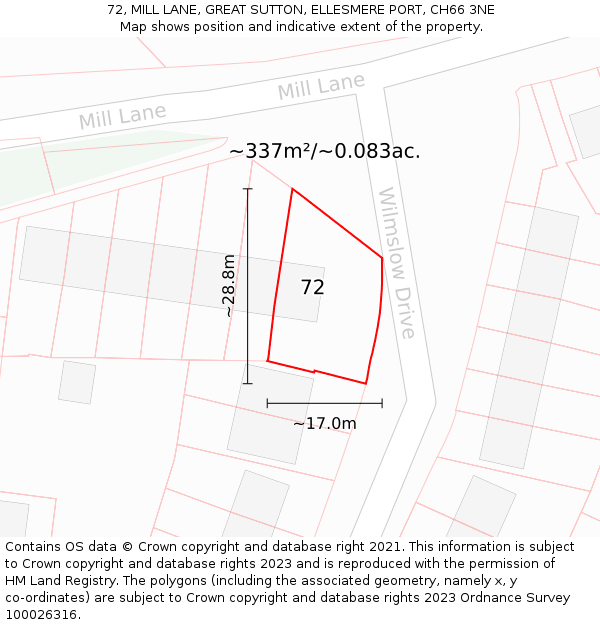 72, MILL LANE, GREAT SUTTON, ELLESMERE PORT, CH66 3NE: Plot and title map
