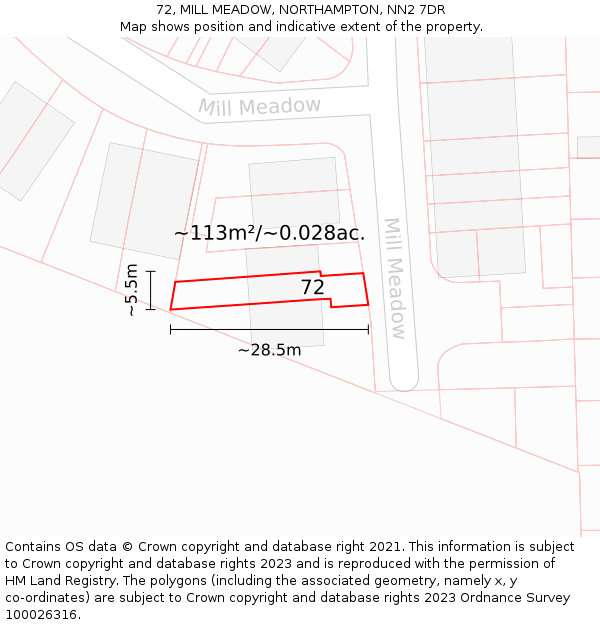 72, MILL MEADOW, NORTHAMPTON, NN2 7DR: Plot and title map