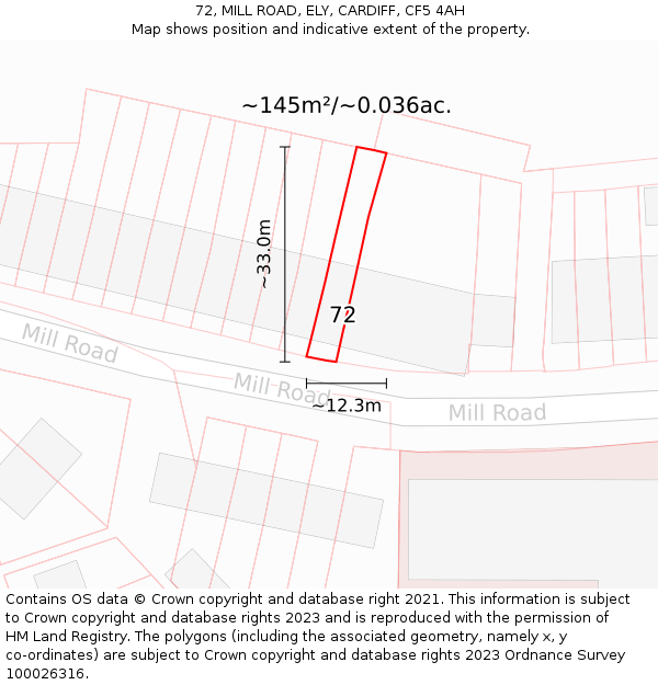 72, MILL ROAD, ELY, CARDIFF, CF5 4AH: Plot and title map
