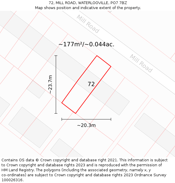 72, MILL ROAD, WATERLOOVILLE, PO7 7BZ: Plot and title map