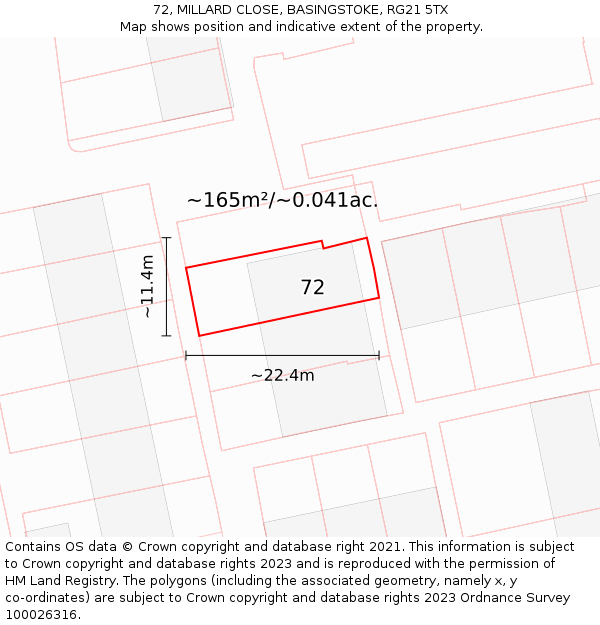 72, MILLARD CLOSE, BASINGSTOKE, RG21 5TX: Plot and title map