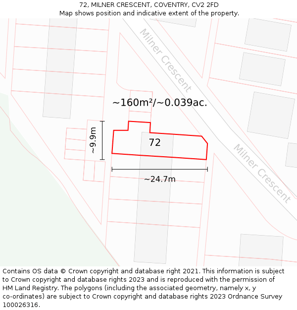 72, MILNER CRESCENT, COVENTRY, CV2 2FD: Plot and title map