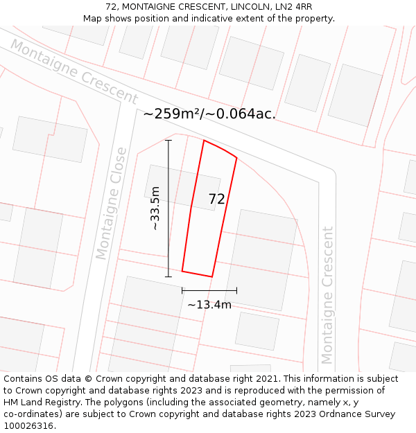 72, MONTAIGNE CRESCENT, LINCOLN, LN2 4RR: Plot and title map