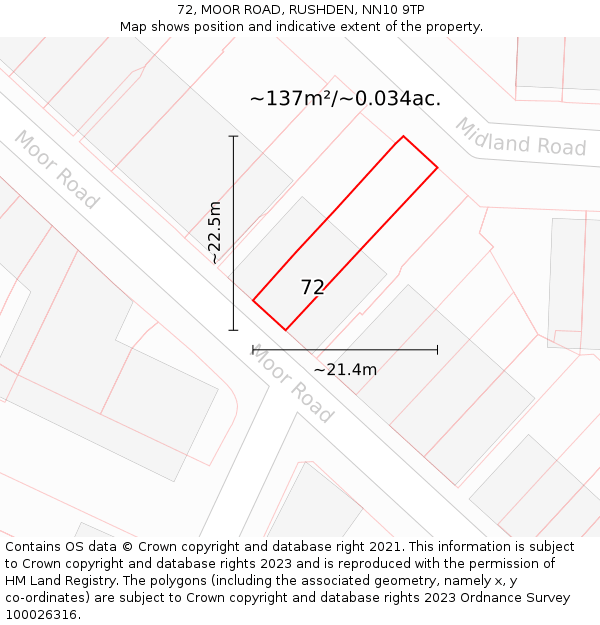 72, MOOR ROAD, RUSHDEN, NN10 9TP: Plot and title map