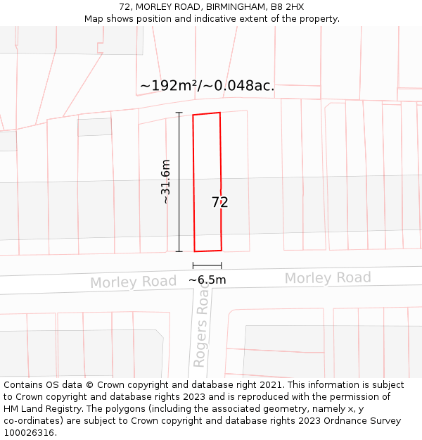 72, MORLEY ROAD, BIRMINGHAM, B8 2HX: Plot and title map