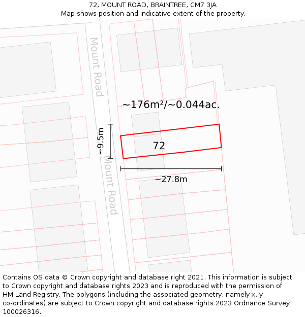 72, MOUNT ROAD, BRAINTREE, CM7 3JA: Plot and title map