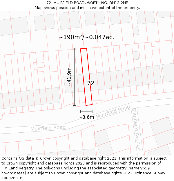 72, MUIRFIELD ROAD, WORTHING, BN13 2NB: Plot and title map