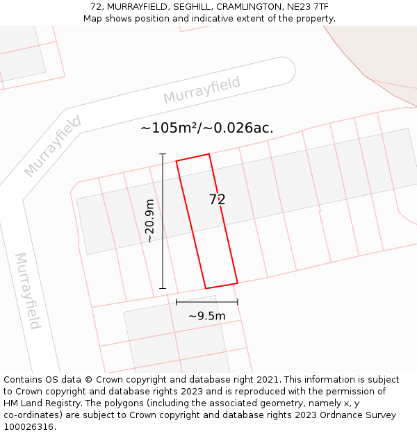 72, MURRAYFIELD, SEGHILL, CRAMLINGTON, NE23 7TF: Plot and title map
