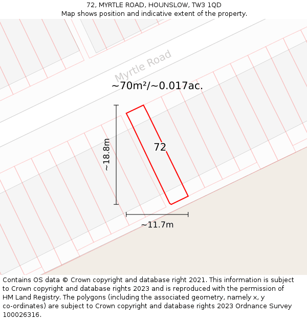 72, MYRTLE ROAD, HOUNSLOW, TW3 1QD: Plot and title map