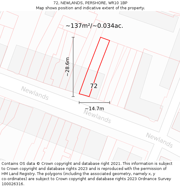 72, NEWLANDS, PERSHORE, WR10 1BP: Plot and title map