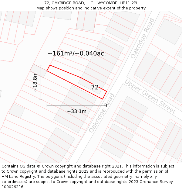 72, OAKRIDGE ROAD, HIGH WYCOMBE, HP11 2PL: Plot and title map