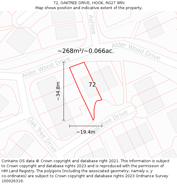 72, OAKTREE DRIVE, HOOK, RG27 9RN: Plot and title map