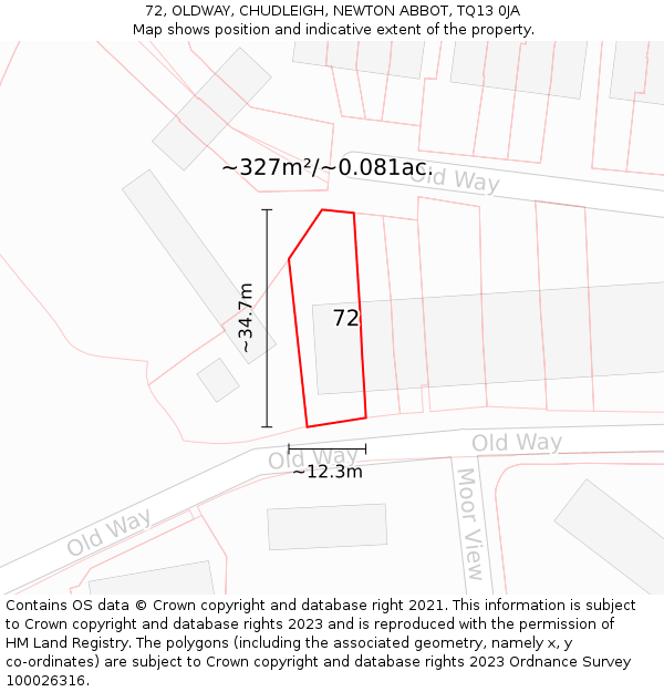 72, OLDWAY, CHUDLEIGH, NEWTON ABBOT, TQ13 0JA: Plot and title map