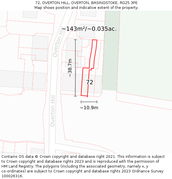 72, OVERTON HILL, OVERTON, BASINGSTOKE, RG25 3PE: Plot and title map