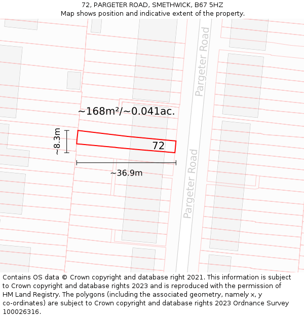 72, PARGETER ROAD, SMETHWICK, B67 5HZ: Plot and title map