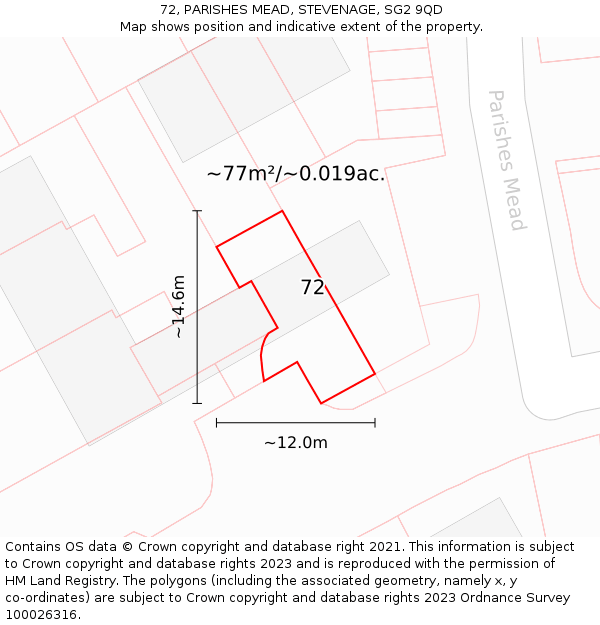 72, PARISHES MEAD, STEVENAGE, SG2 9QD: Plot and title map
