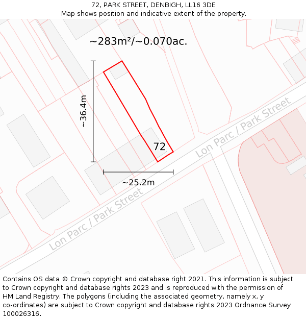 72, PARK STREET, DENBIGH, LL16 3DE: Plot and title map