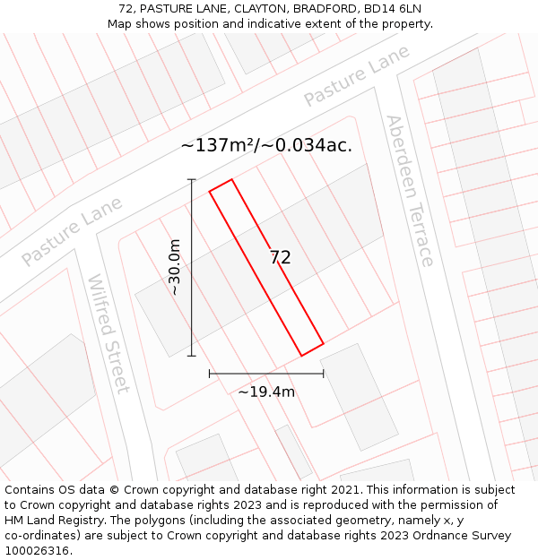 72, PASTURE LANE, CLAYTON, BRADFORD, BD14 6LN: Plot and title map