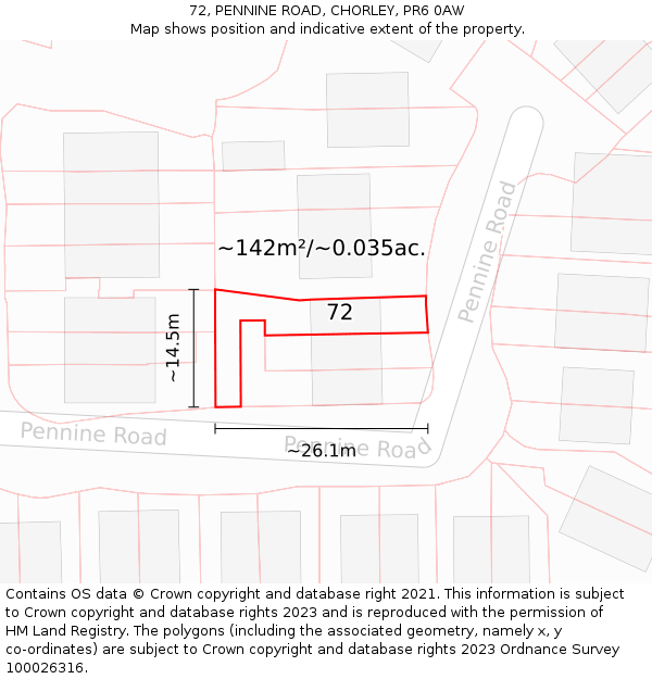 72, PENNINE ROAD, CHORLEY, PR6 0AW: Plot and title map
