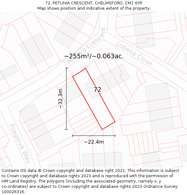 72, PETUNIA CRESCENT, CHELMSFORD, CM1 6YR: Plot and title map