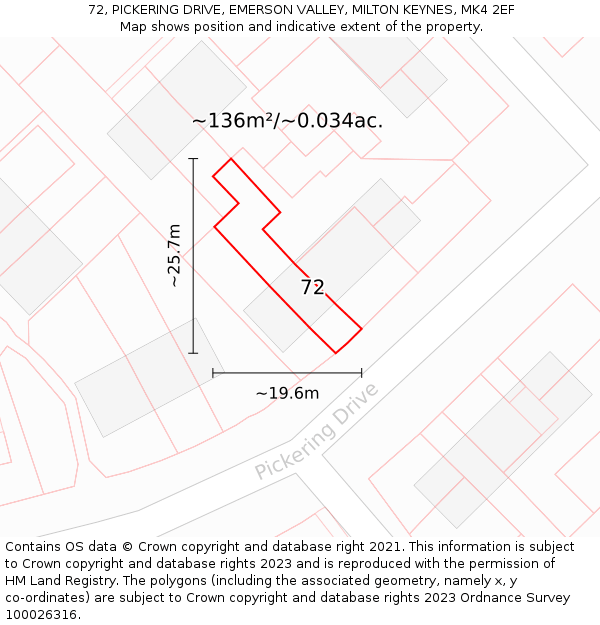 72, PICKERING DRIVE, EMERSON VALLEY, MILTON KEYNES, MK4 2EF: Plot and title map