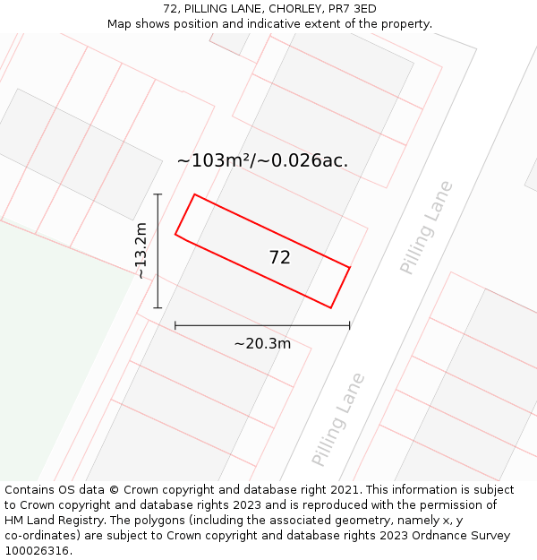 72, PILLING LANE, CHORLEY, PR7 3ED: Plot and title map