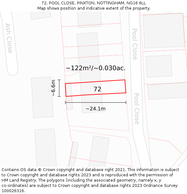 72, POOL CLOSE, PINXTON, NOTTINGHAM, NG16 6LL: Plot and title map