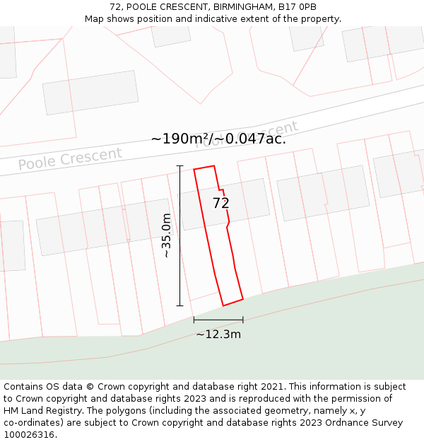 72, POOLE CRESCENT, BIRMINGHAM, B17 0PB: Plot and title map