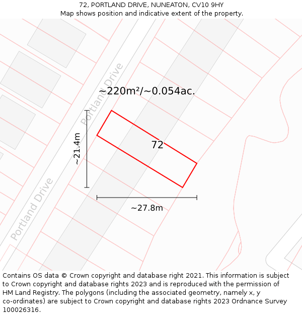72, PORTLAND DRIVE, NUNEATON, CV10 9HY: Plot and title map
