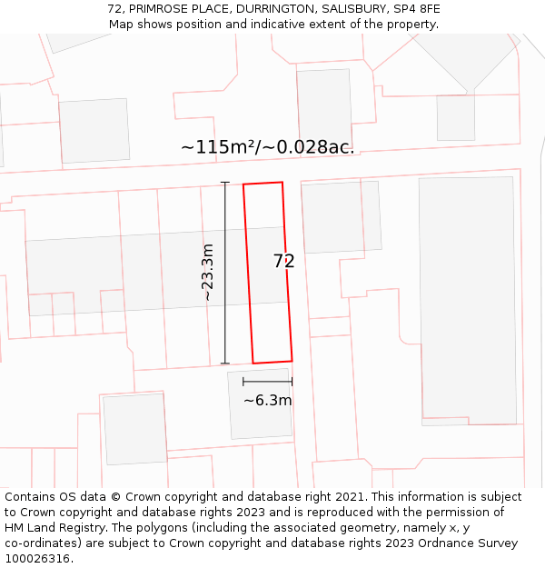 72, PRIMROSE PLACE, DURRINGTON, SALISBURY, SP4 8FE: Plot and title map