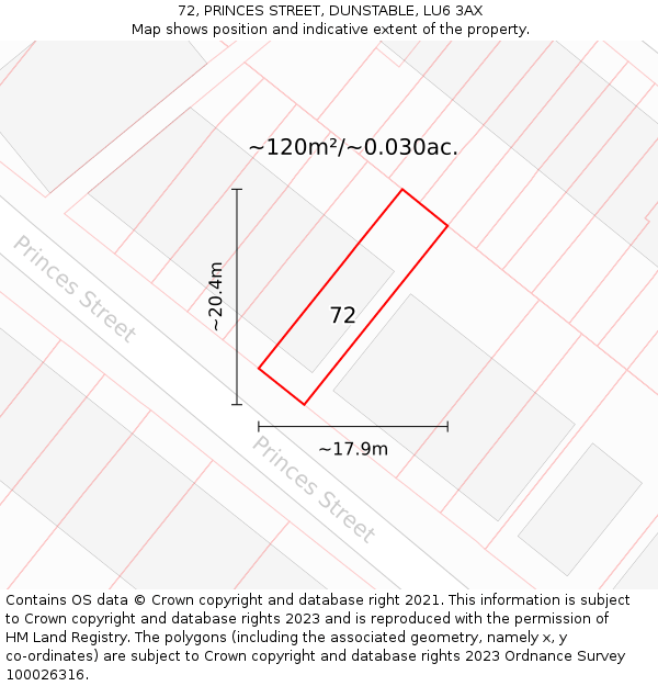72, PRINCES STREET, DUNSTABLE, LU6 3AX: Plot and title map
