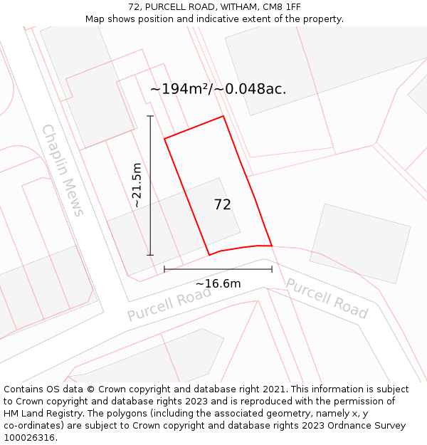 72, PURCELL ROAD, WITHAM, CM8 1FF: Plot and title map