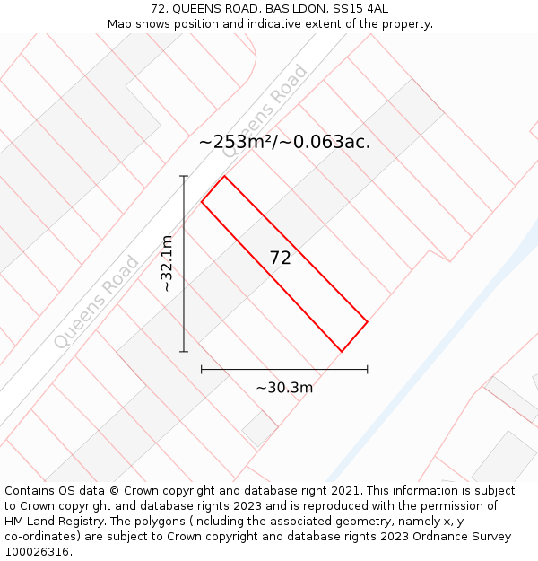 72, QUEENS ROAD, BASILDON, SS15 4AL: Plot and title map
