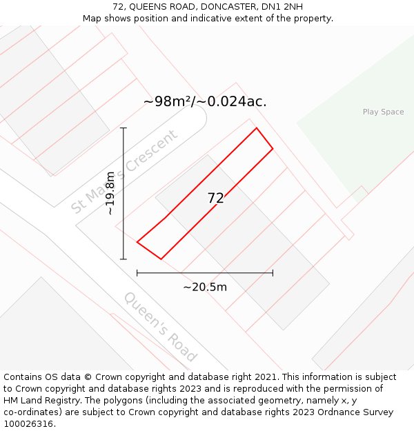 72, QUEENS ROAD, DONCASTER, DN1 2NH: Plot and title map