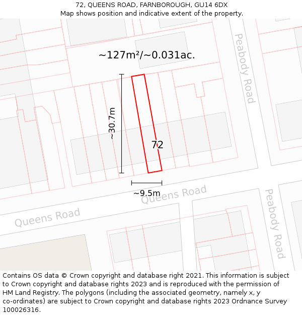 72, QUEENS ROAD, FARNBOROUGH, GU14 6DX: Plot and title map