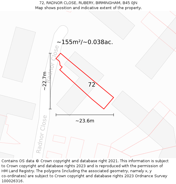 72, RADNOR CLOSE, RUBERY, BIRMINGHAM, B45 0JN: Plot and title map