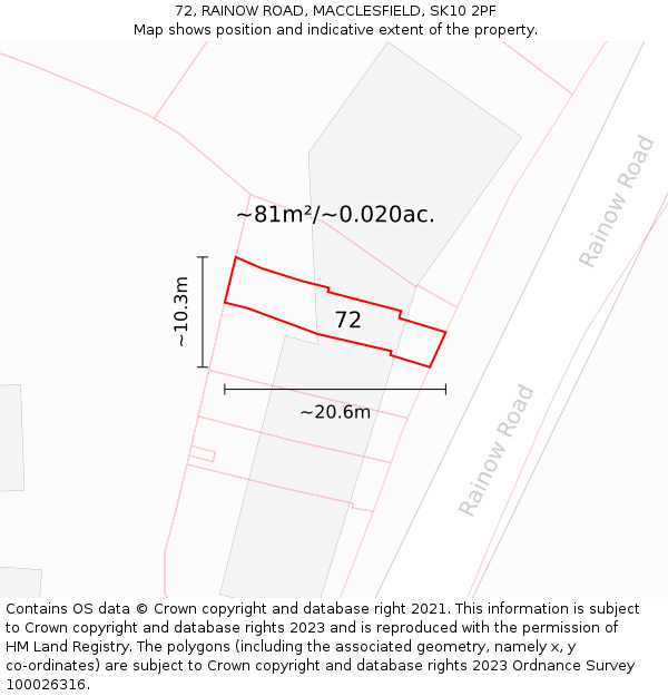 72, RAINOW ROAD, MACCLESFIELD, SK10 2PF: Plot and title map