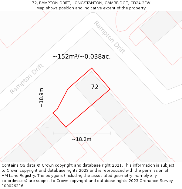 72, RAMPTON DRIFT, LONGSTANTON, CAMBRIDGE, CB24 3EW: Plot and title map