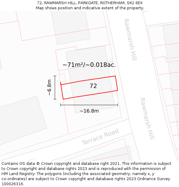 72, RAWMARSH HILL, PARKGATE, ROTHERHAM, S62 6EX: Plot and title map