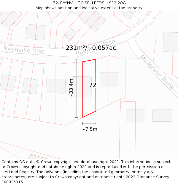 72, RAYNVILLE RISE, LEEDS, LS13 2QG: Plot and title map