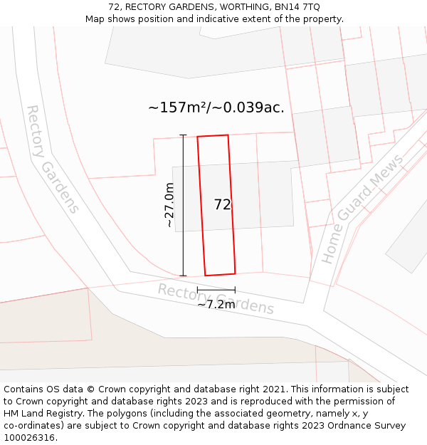 72, RECTORY GARDENS, WORTHING, BN14 7TQ: Plot and title map