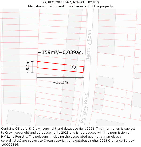 72, RECTORY ROAD, IPSWICH, IP2 8EQ: Plot and title map